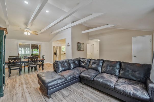 Dining room, Interior, Living room, Recessed Lighting, Wood Texture Flooring