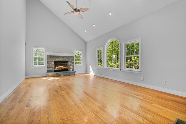 Empty room, Fireplace, Interior, Recessed Lighting, Wood Texture Flooring