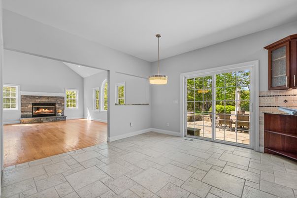 Empty room, Fireplace, Interior, Pendant Lights, Wood Texture Flooring