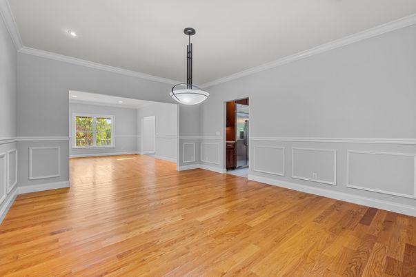 Empty room, Interior, Pendant Lights, Recessed Lighting, Wood Texture Flooring