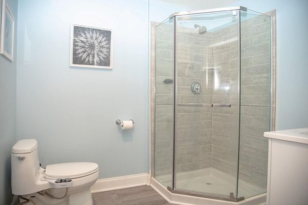 Bathroom, Glass Shower, Interior, Wood Texture Flooring