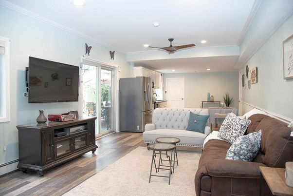Interior, Kitchen, Living room, Recessed Lighting, Wood Texture Flooring