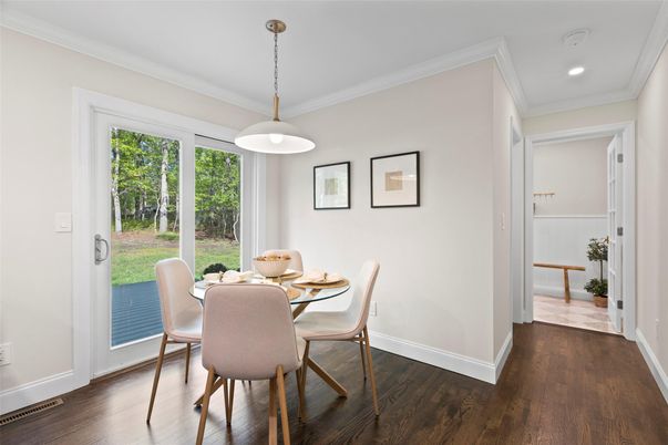 Dining room, Interior, Pendant Lights, Recessed Lighting, Wood Texture Flooring