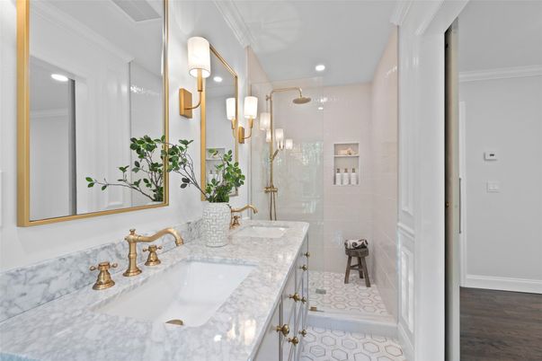 Bathroom, Dual Sink Vanities, Glass Shower, Interior, Recessed Lighting, Wood Texture Flooring