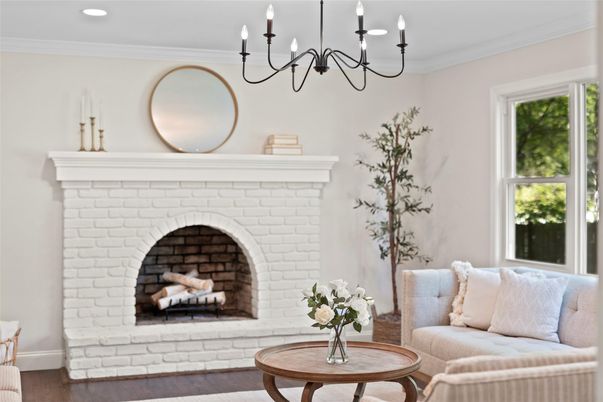 Chandelier, Fireplace, Interior, Living room, Recessed Lighting, Wood Texture Flooring