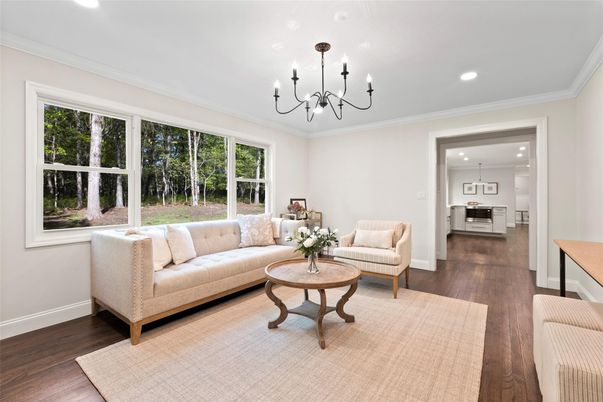 Chandelier, Interior, Living room, Recessed Lighting, Wood Texture Flooring