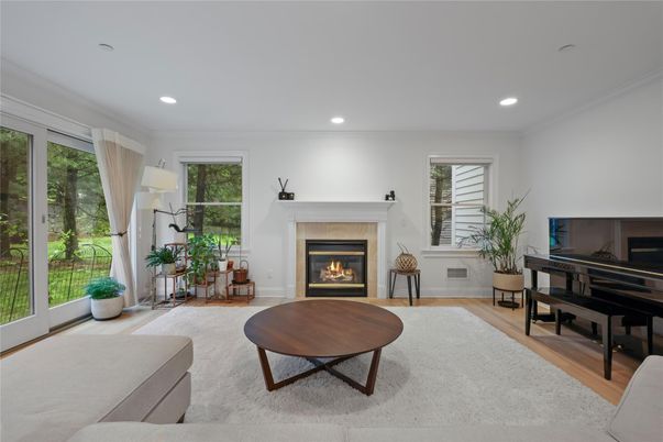 Fireplace, Interior, Piano, Recessed Lighting, Wood Texture Flooring
