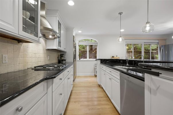Interior, Kitchen, Pendant Lights, Recessed Lighting, Stainless Steel Appliances, Wood Texture Flooring