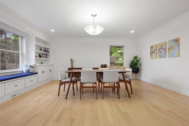 Dining room, Interior, Pendant Lights, Recessed Lighting, Wood Texture Flooring