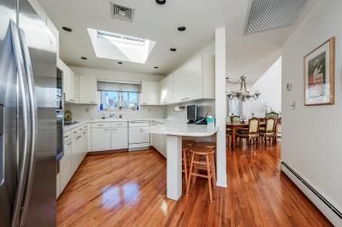 Chandelier, Dining room, Interior, Kitchen, Recessed Lighting, Stainless Steel Appliances, Wood Texture Flooring