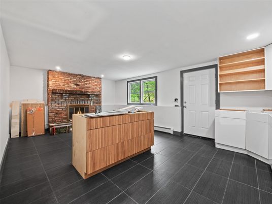 Fireplace, Interior, Kitchen, Recessed Lighting, Stone Walls, Washer