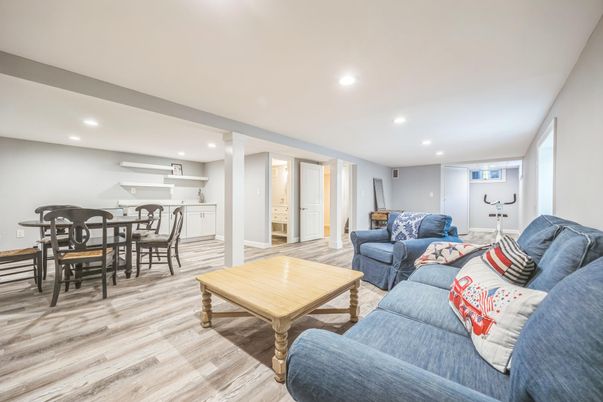 Dining room, Interior, Living room, Recessed Lighting, Wood Texture Flooring