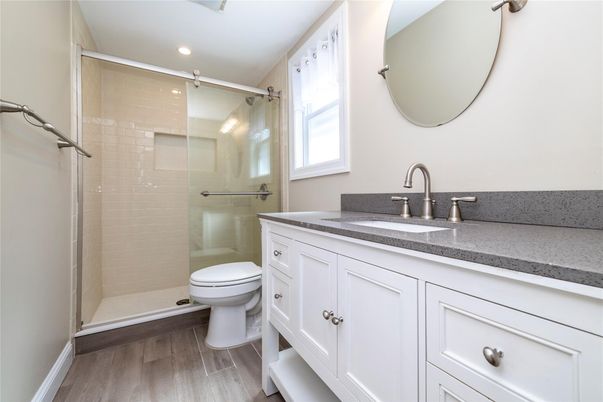 Bathroom, Glass Shower, Interior, Recessed Lighting, Wood Texture Flooring
