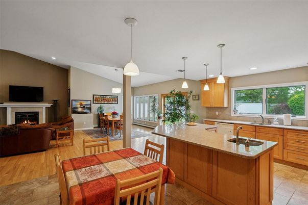 Dining room, Fireplace, Interior, Kitchen, Living room, Pendant Lights, Recessed Lighting, Wood Texture Flooring