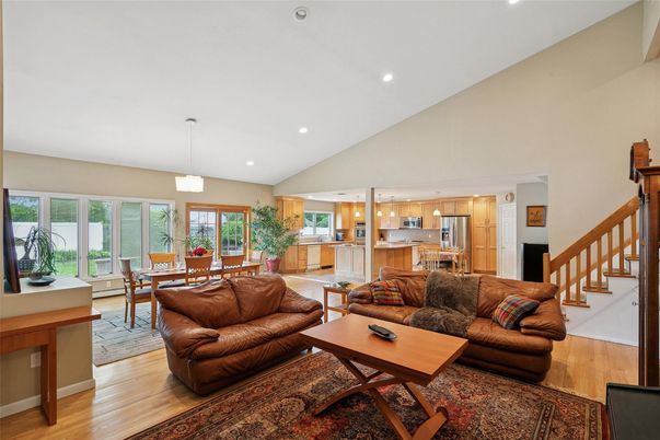 Dining room, Interior, Kitchen, Living room, Pendant Lights, Recessed Lighting, Stainless Steel Appliances, Wood Texture Flooring
