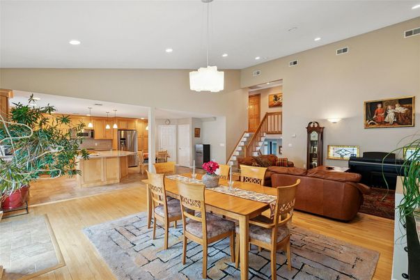 Dining room, Interior, Kitchen, Living room, Pendant Lights, Piano, Recessed Lighting, Stainless Steel Appliances, Wood Texture Flooring