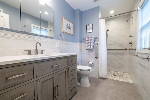Bathroom, Glass Shower, Interior, Marble Walls, Recessed Lighting