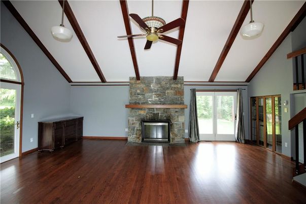 Empty room, Fireplace, Interior, Pendant Lights, Wooden Beams, Wood Texture Flooring