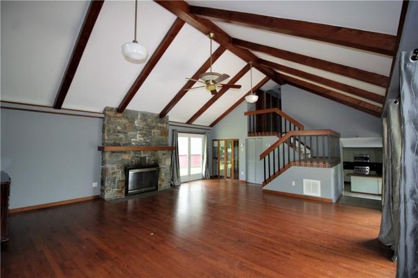 Empty room, Fireplace, Interior, Pendant Lights, Wooden Beams, Wood Texture Flooring