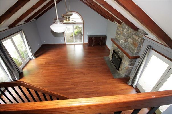Empty room, Fireplace, Interior, Pendant Lights, Wooden Beams, Wood Texture Flooring