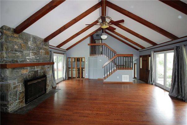 Empty room, Fireplace, Interior, Wooden Beams, Wood Texture Flooring