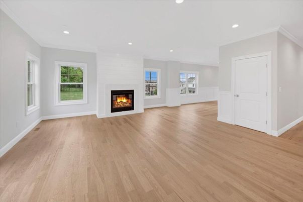 Empty room, Fireplace, Interior, Recessed Lighting, Wood Texture Flooring
