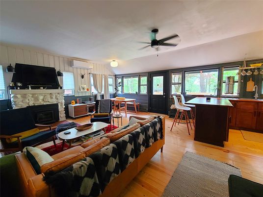 Dining room, Fireplace, Interior, Kitchen, Living room, Wood Texture Flooring