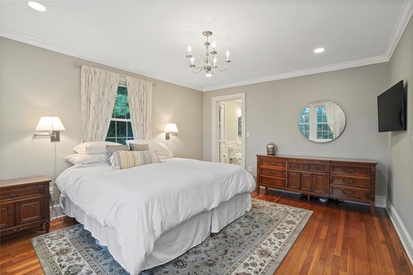 Bedroom, Chandelier, Interior, Recessed Lighting, Wood Texture Flooring