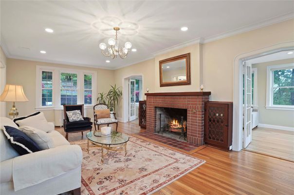 Chandelier, Fireplace, Interior, Living room, Recessed Lighting, Wood Texture Flooring