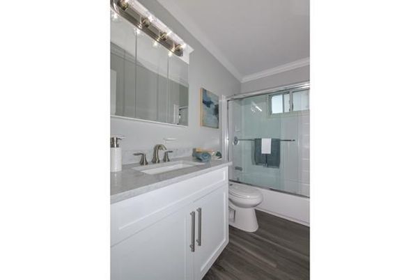 Bathroom, Glass Shower, Interior, Wood Texture Flooring