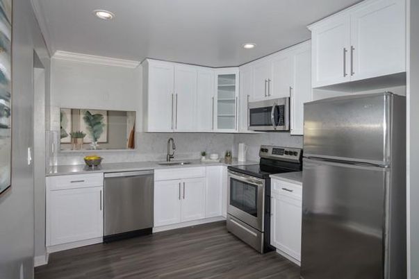 Interior, Kitchen, Recessed Lighting, Stainless Steel Appliances, Wood Texture Flooring