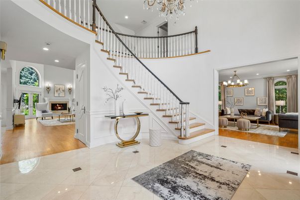 Chandelier, Fireplace, Interior, Living room, Recessed Lighting, Wood Texture Flooring