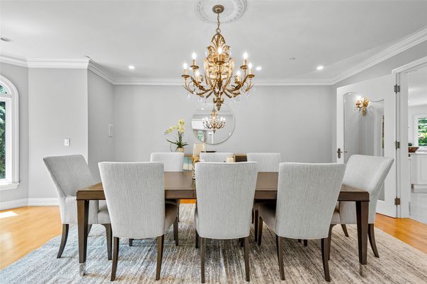 Chandelier, Dining room, Interior, Recessed Lighting, Wood Texture Flooring