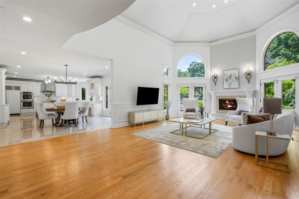 Chandelier, Dining room, Fireplace, Interior, Kitchen, Living room, Pendant Lights, Recessed Lighting, Wood Texture Flooring
