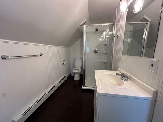 Bathroom, Glass Shower, Interior, Wood Texture Flooring