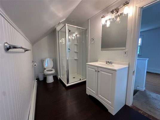 Bathroom, Glass Shower, Interior, Wood Texture Flooring