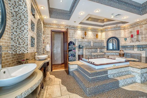 Bathroom, Dual Sink Vanities, Interior, Recessed Lighting, Stone Walls