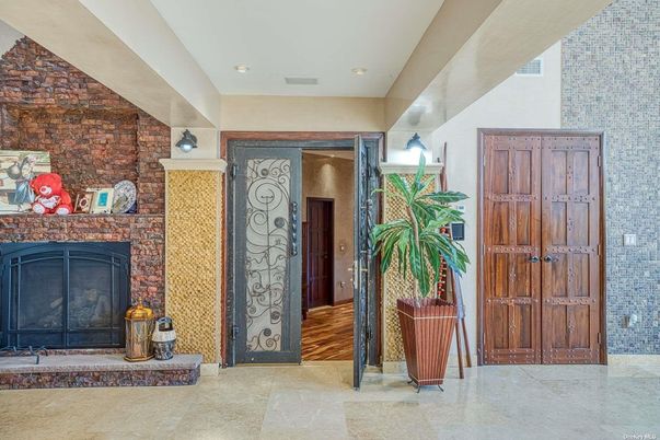 Fireplace, Interior, Recessed Lighting, Stone Walls