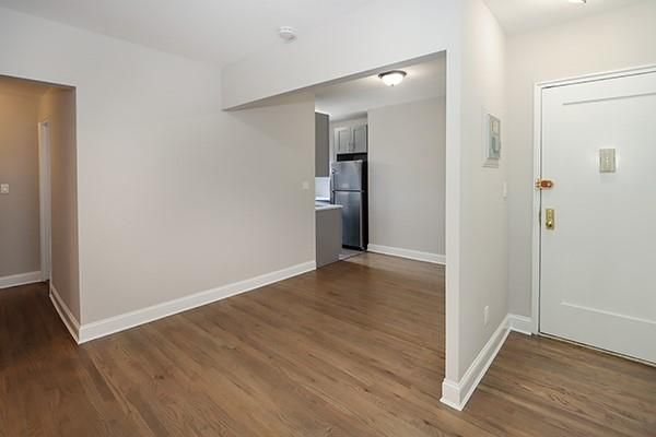 Empty room, Interior, Kitchen, Stainless Steel Appliances, Wood Texture Flooring