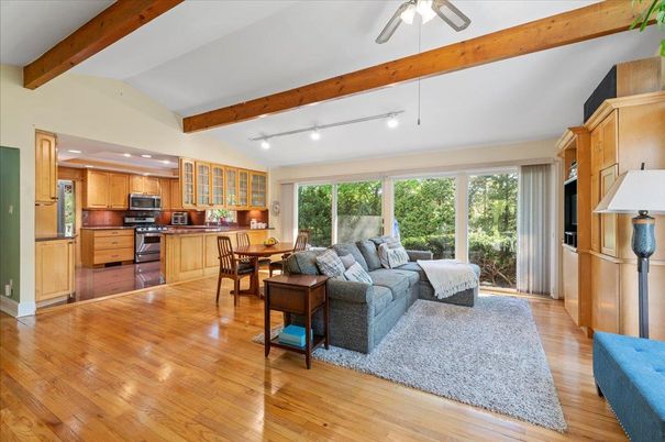 Dining room, Interior, Kitchen, Living room, Recessed Lighting, Stainless Steel Appliances, Wooden Beams, Wood Texture Flooring