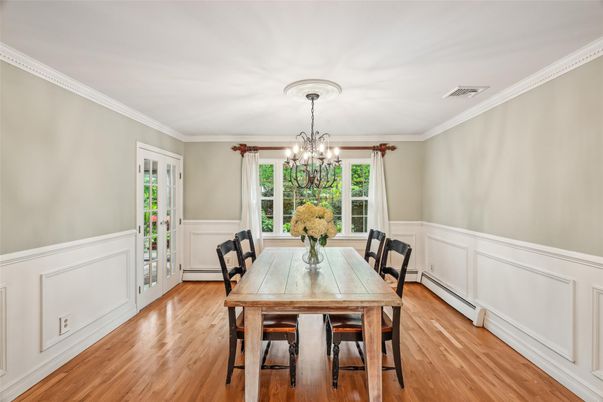Chandelier, Dining room, Interior, Wood Texture Flooring