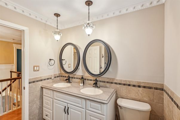Bathroom, Dual Sink Vanities, Interior, Pendant Lights, Wood Texture Flooring