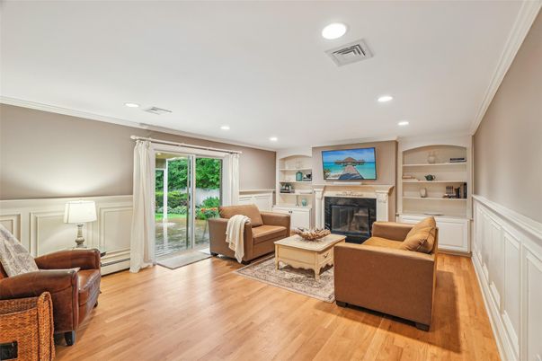 Fireplace, Interior, Living room, Recessed Lighting, Wood Texture Flooring