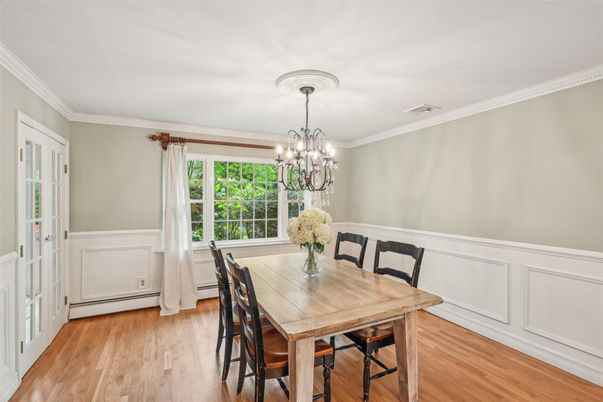 Chandelier, Dining room, Interior, Wood Texture Flooring