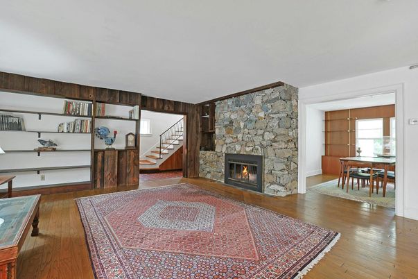 Dining room, Fireplace, Interior, Stone Walls, Wood Texture Flooring, Wooden Walls