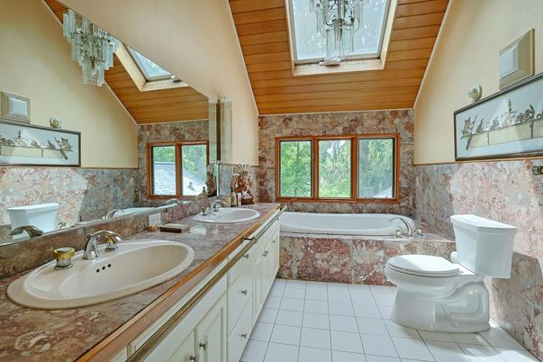 Bathroom, Dual Sink Vanities, Interior, Tile Countertops, Wooden Ceilings