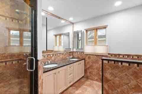 Bathroom, Dual Sink Vanities, Glass Shower, Interior, Recessed Lighting