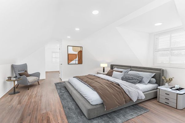 Bedroom, Interior, Recessed Lighting, Wood Texture Flooring