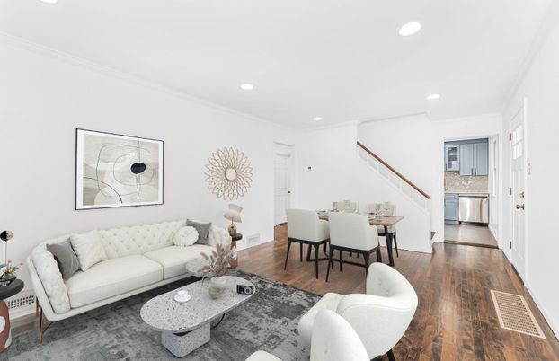 Dining room, Interior, Kitchen, Living room, Recessed Lighting, Wood Texture Flooring