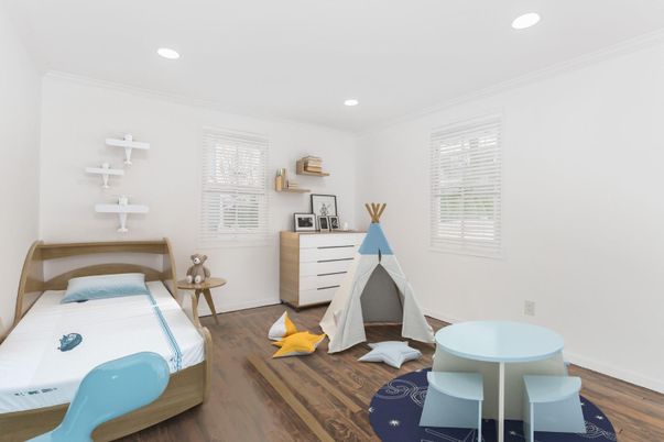Bedroom, Interior, Recessed Lighting, Wood Texture Flooring